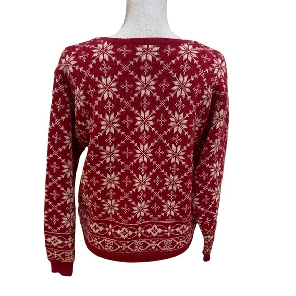 Talbots 100% wool Nordic fair isle cardigan sweater red snowflakes design size 8 - Picture 9 of 11